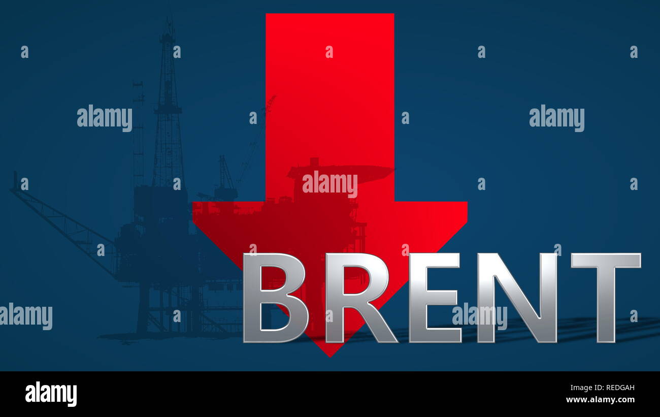 The price of Brent Crude oil is falling. A red arrow showing downwards with an oil platform behind the word Brent, on a blue background, symbolizes... Stock Photo