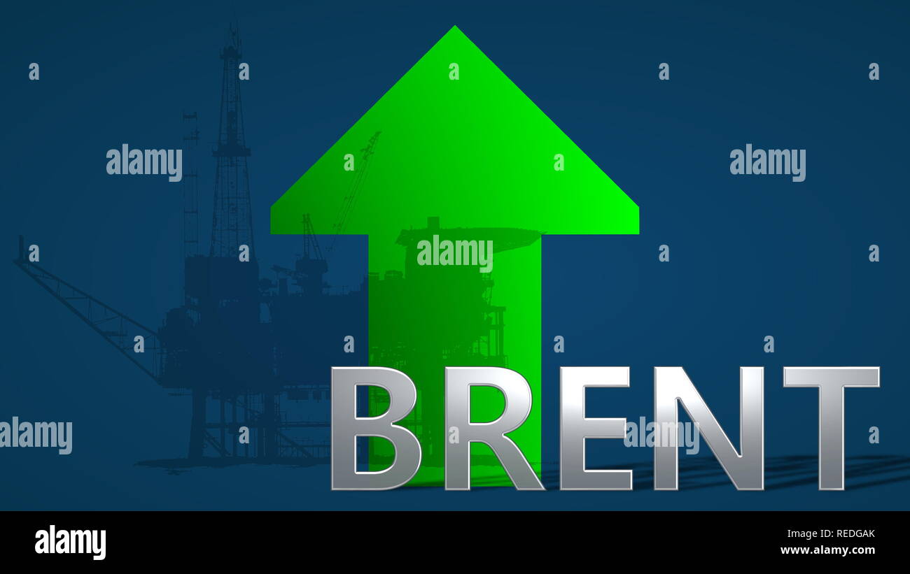 The price of Brent Crude oil is going up. A green arrow showing upwards with an oil platform behind the word Brent, on a blue background, symbolizes a... Stock Photo