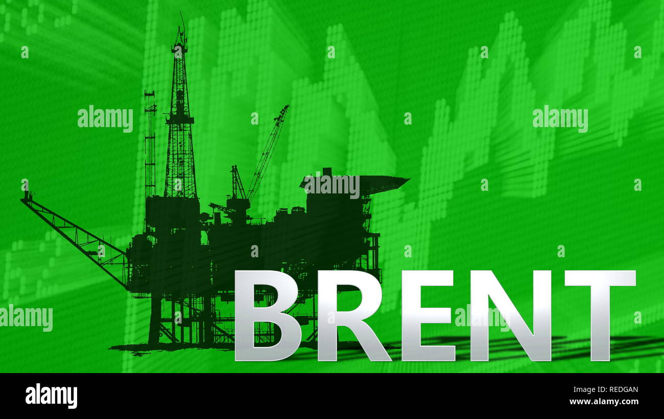 The price of Brent Crude oil is going up. Behind the word Brent is a black silhouette of an oil platform with a green ascending chart in the... Stock Photo