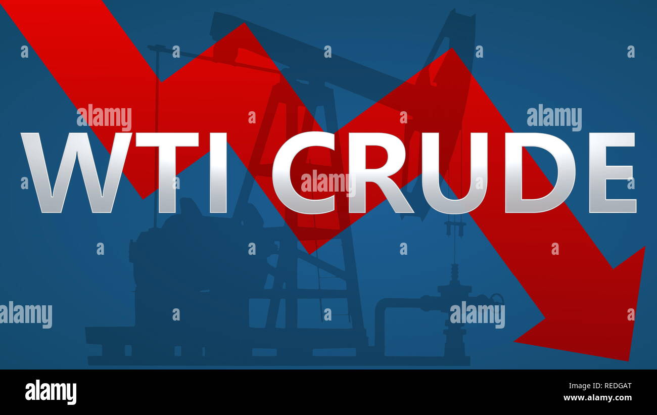 The price of WTI Crude oil is falling. A red zig-zag arrow with an oil well pumpjack behind the word WTI on a blue background shows downwards,... Stock Photo