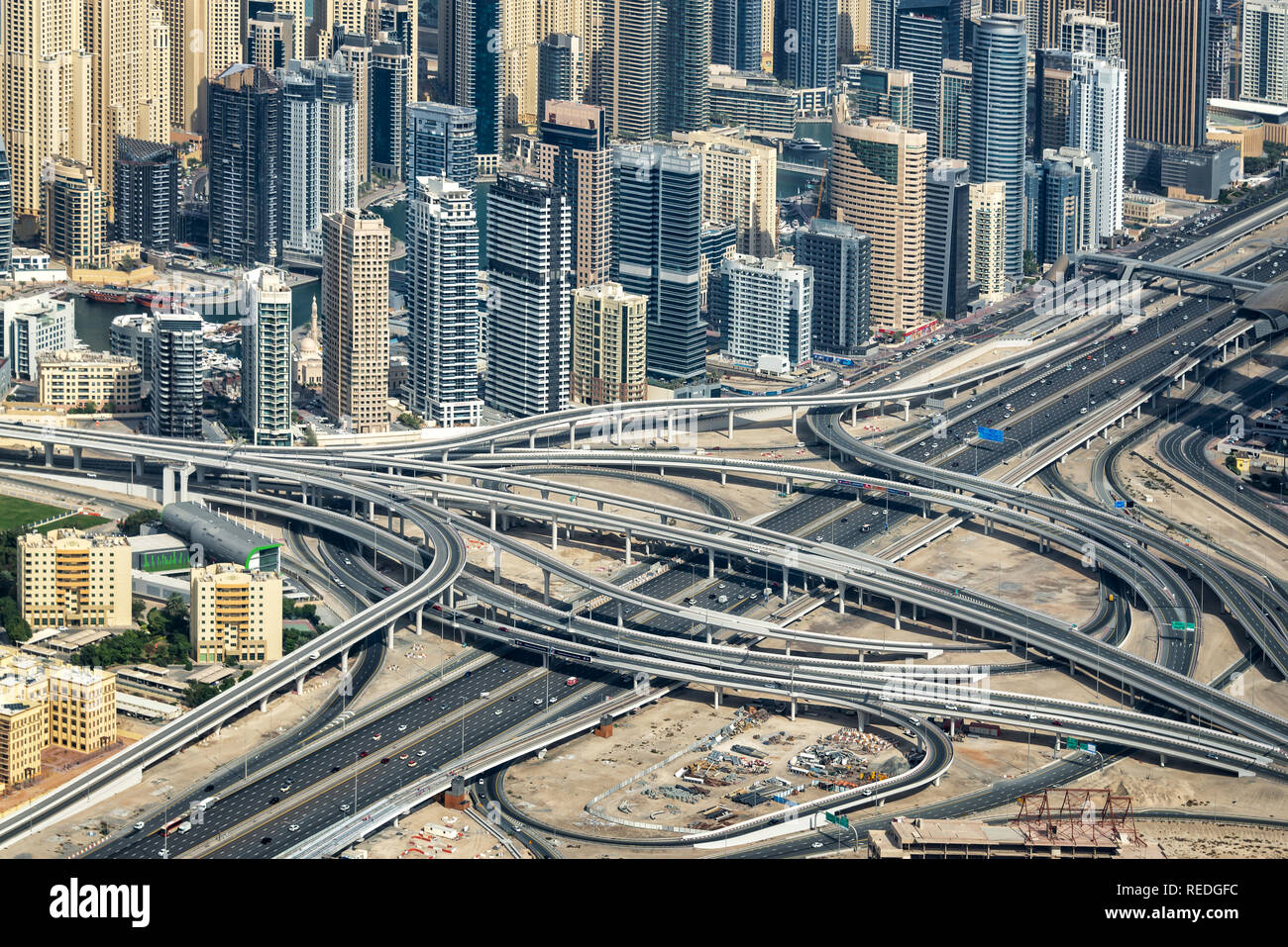 Aerial view of Sheikh Zayeg road highway interchange and buidings, United Arab Emirates Stock Photo