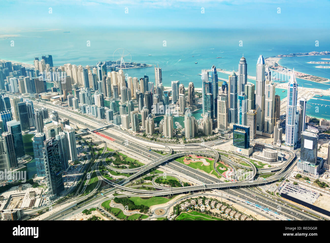 Aerial view of Dubai Marina skyline and road interchange, United Arab Emirates Stock Photo