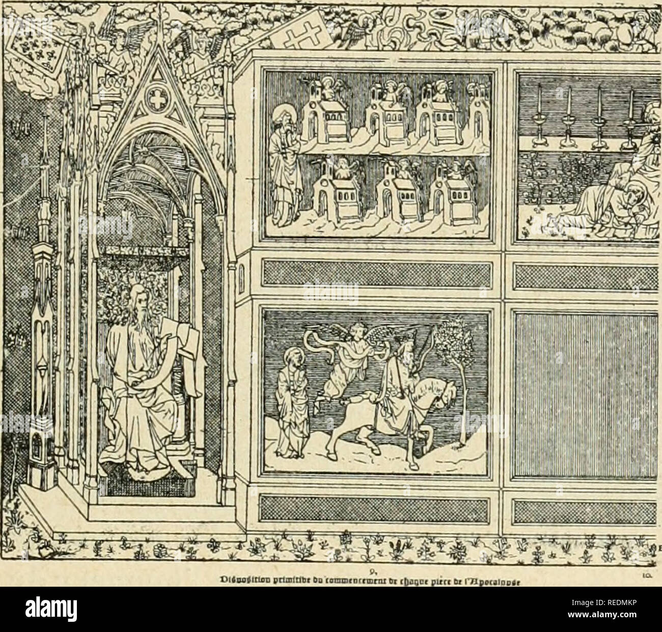 . Compte rendu. Science; Science -- Congresses. L. DE FARCY. — LES TAHISSEUIES DE LA CATHÉDRALE d'ANGERS l36l rappelle certaine miniature attribuée aux frères Limbourg- (i). Les événements, traduits dans les différentes scènes de l'Apocalypse, se passant pour ainsi dire entre la terre et le ciel, Hennequin de Bruges a disposé les tableaux sur deux rangs, entre une terre fleurie, dans laquelle se jouent des conins ou lapins et un ciel, peuplé. BdiuJc &lt;tc tl*l. Dilnofitun) pTtinlm» Od raniinf ntcmnii Di Elgagoi pùd tu ITIpaiiig, FiG. I. i!»^Ç5p..,,.-iA^. Please note that these images are extr Stock Photo