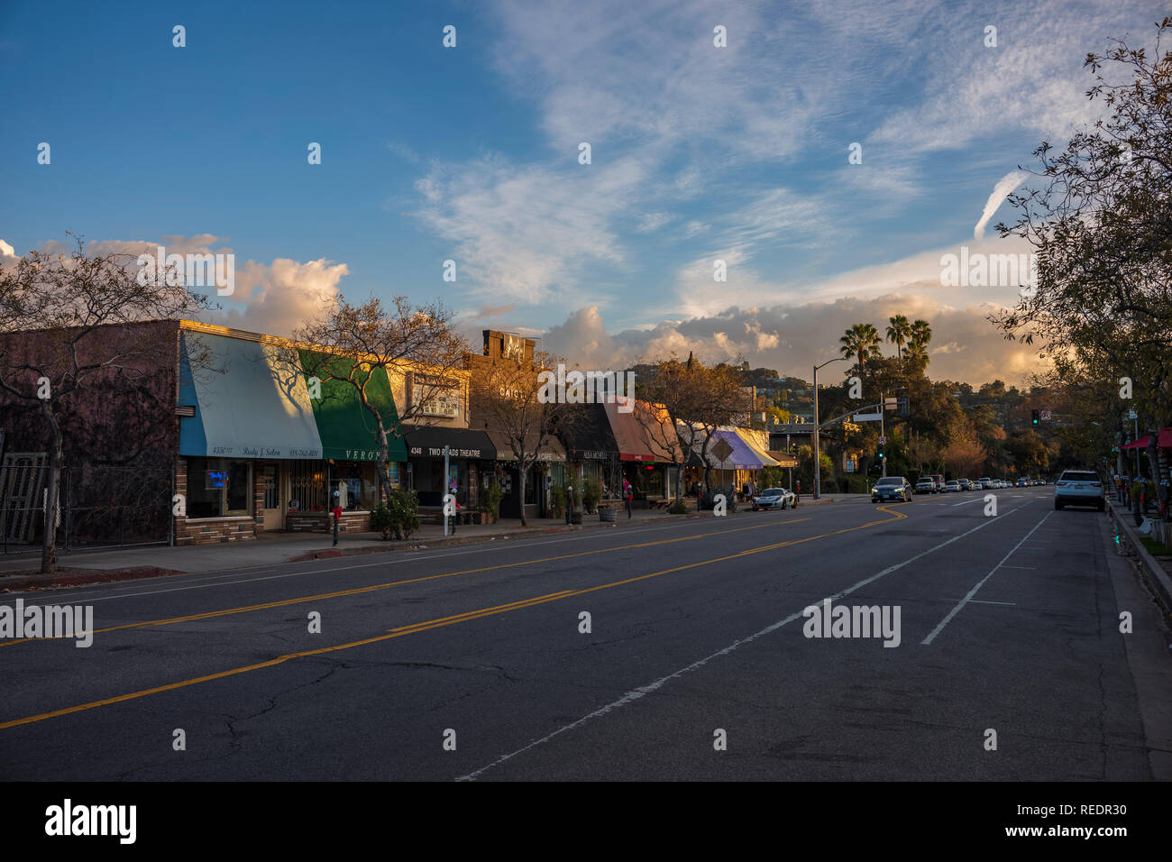 Shops line a Hollywood street in Los Angeles, California Stock Photo