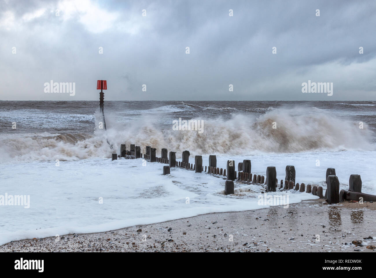 Breaking waves on the Norfolk coastline at Cart Gap, Eccles. Stock Photo