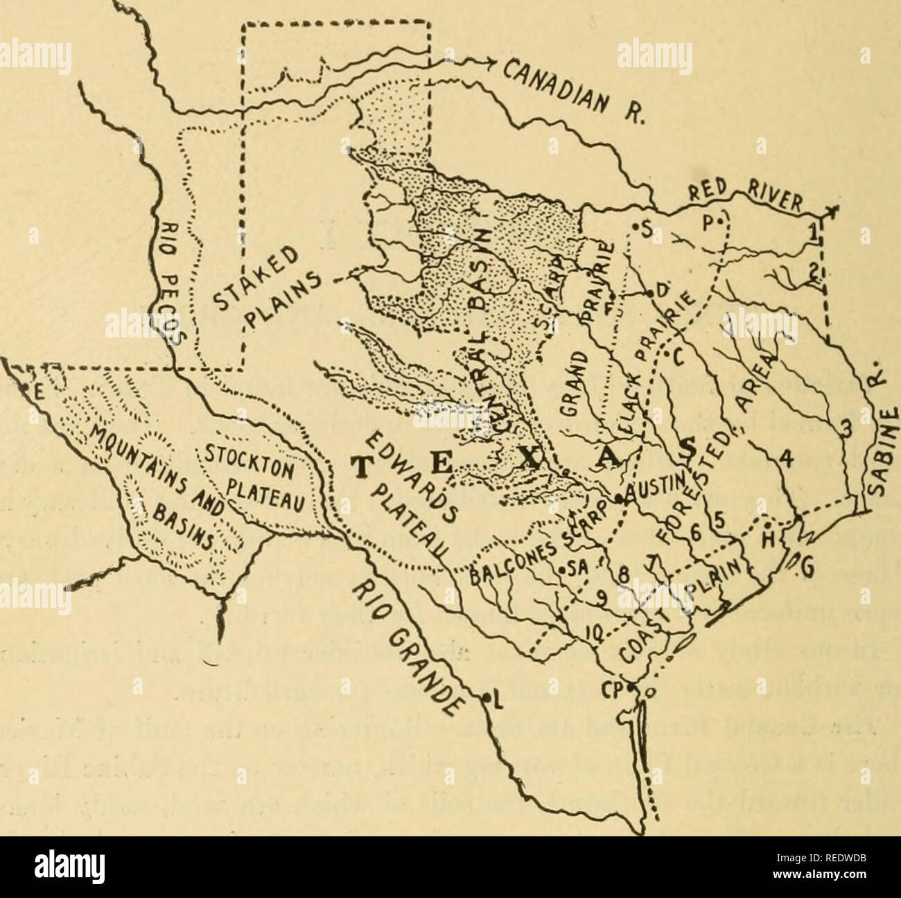 . Complete farmer's guide. Agriculture; Farm life. [from old catalog]. Fia. 264. Geographical regions of Texas: C P, Corpus Christi; C, Cor- sicana; Z), Dallas; E, El Paso;F, Fort Worth; G, Galveston; //, Houston; L, Laredo; P, Paris; S, Sherman; SA.San Antonio; 1, Sulphur Fork; 2, Caddo Lake; 3, Neches River; 4, Trinity River; 5, Brazos River; 6, Colorado River; 7, Lavaca River; 8, Guadalupe River; 9, San Antonio River; 10, Nueces River.. Please note that these images are extracted from scanned page images that may have been digitally enhanced for readability - coloration and appearance of th Stock Photo