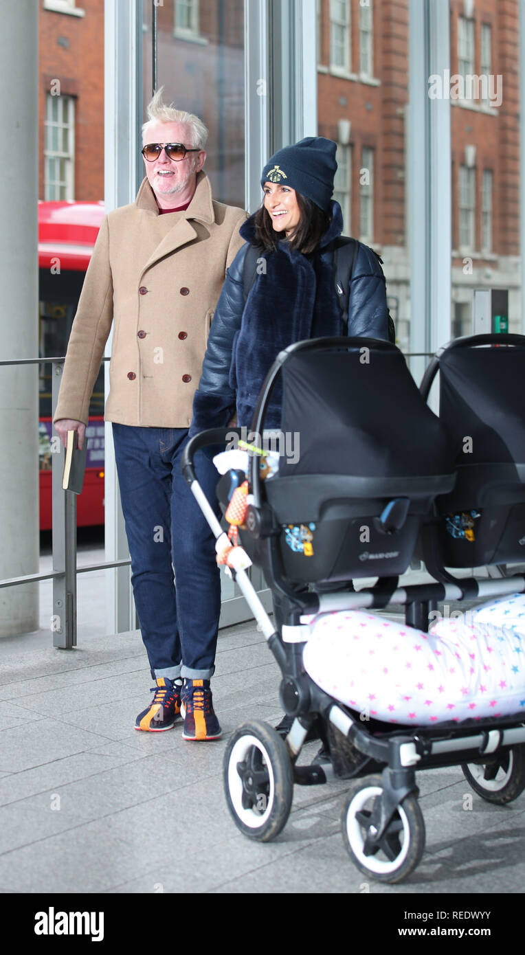 Chris Evans leaves the Virgin Radio studios in south London, with his wife  Natasha and their twins, after his first breakfast show on the station  Stock Photo - Alamy