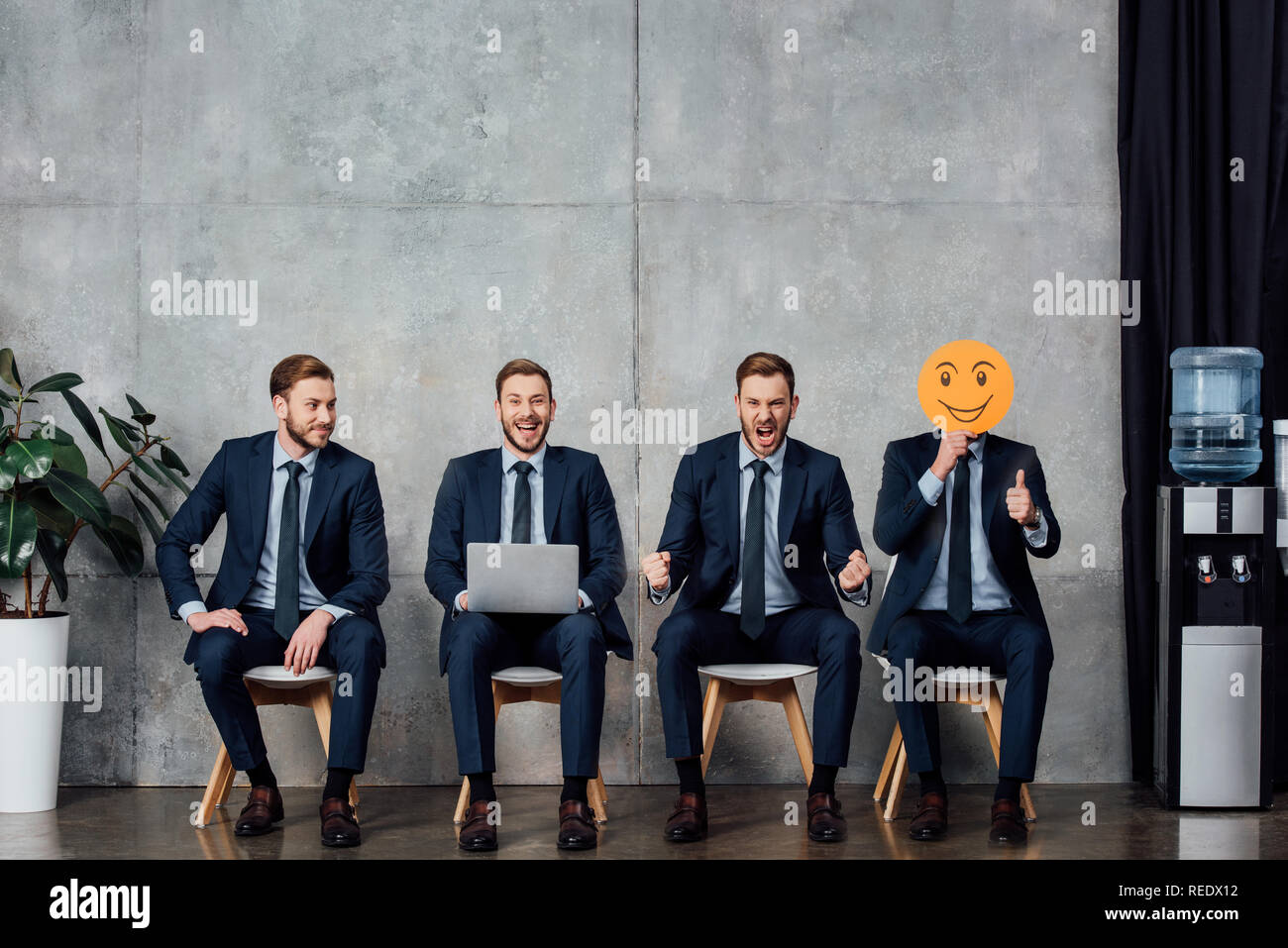 collage of cloned businessman sitting in waiting hall and showing various emotions Stock Photo