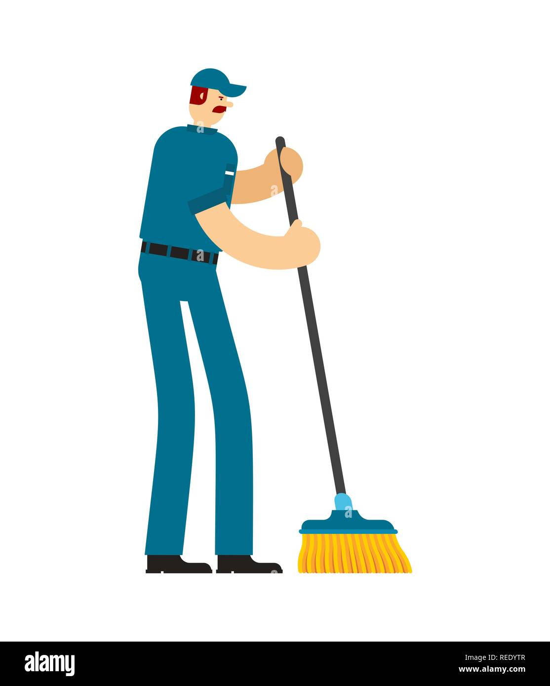 Janitor with sweeping brush. Service worker man. Cleaner man. swabber Stock Vector
