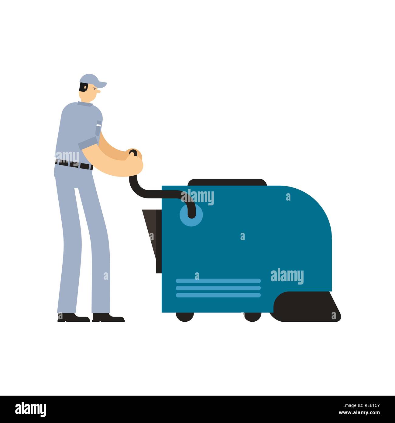Cleaner with Industrial Vacuum Cleaner. service worker man. Cleaner man. swabber Stock Vector