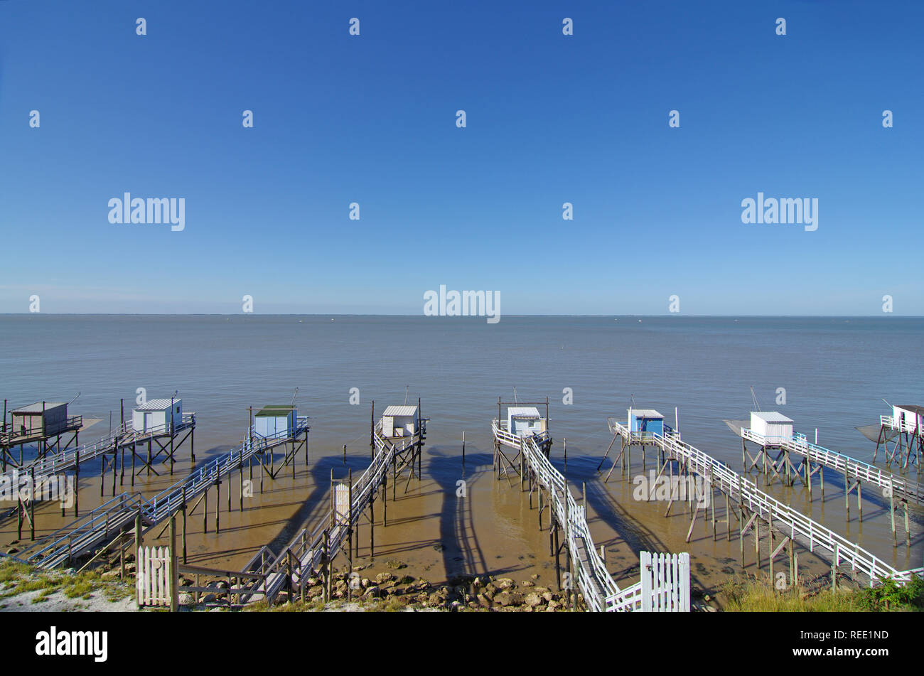 Fishing cabins in the Gironde estuary. West coast of France. Talmont sur Gironde Stock Photo