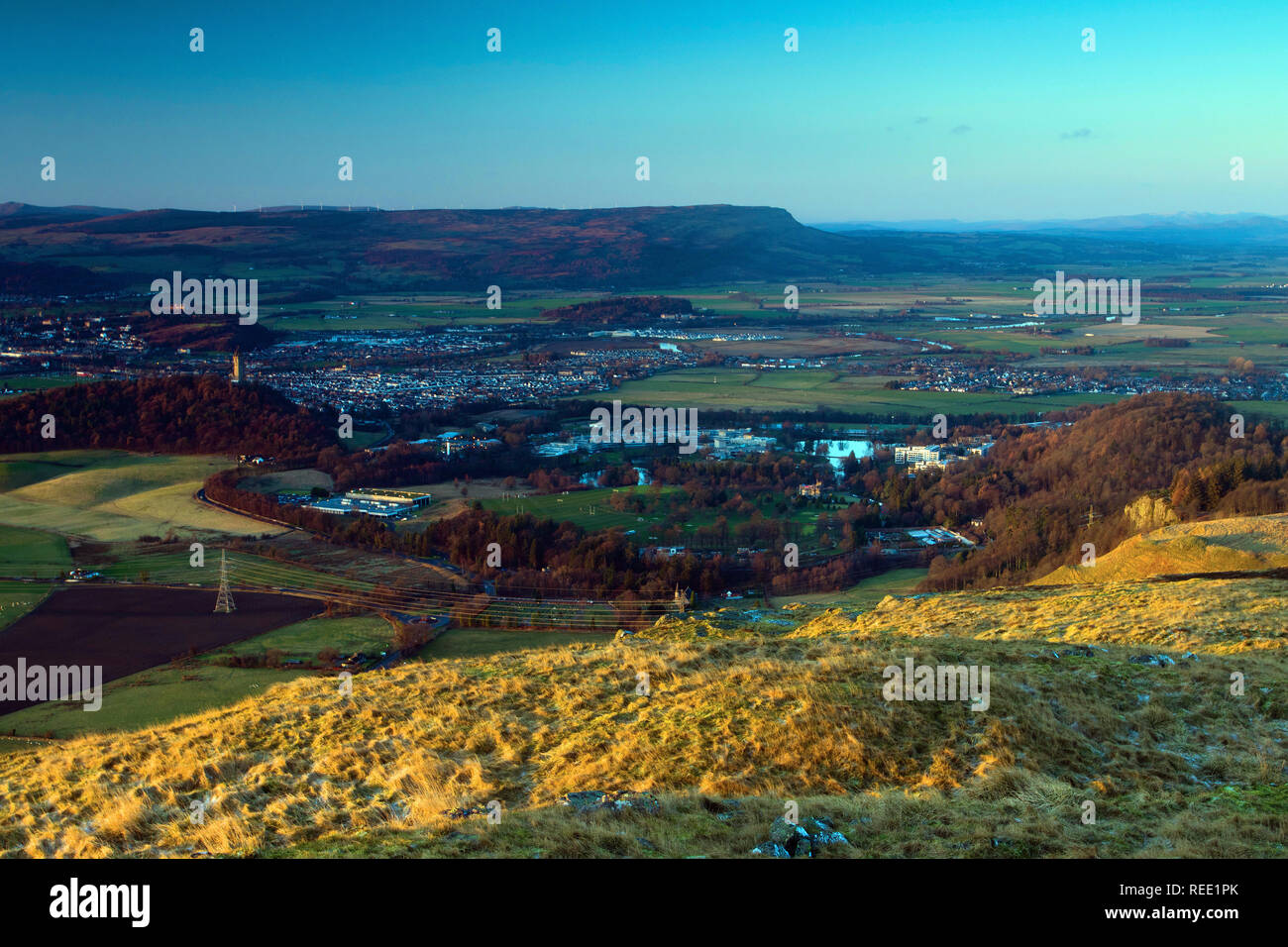 The Wallace Monument and Stirling from Castle Law, beneath Dumyat, the Ochil Hills, Stirlingshire Stock Photo