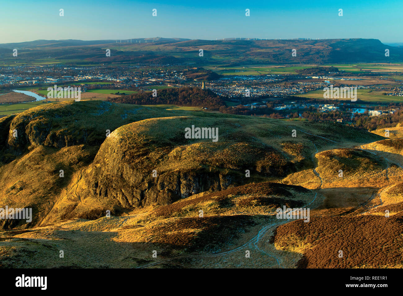 The Wallace Monument and Stirling from Dumyat, the Ochil Hills, Stirlingshire Stock Photo
