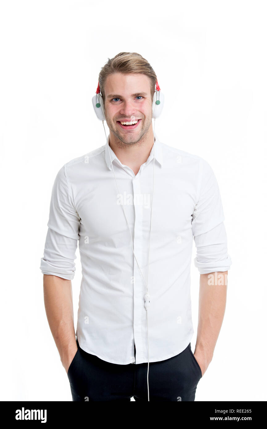 Music always with me. Man listening music headphones. Guy with earphones  listens music. Man satisfied happy smiling face enjoy listening music  headphones isolated white background Stock Photo - Alamy