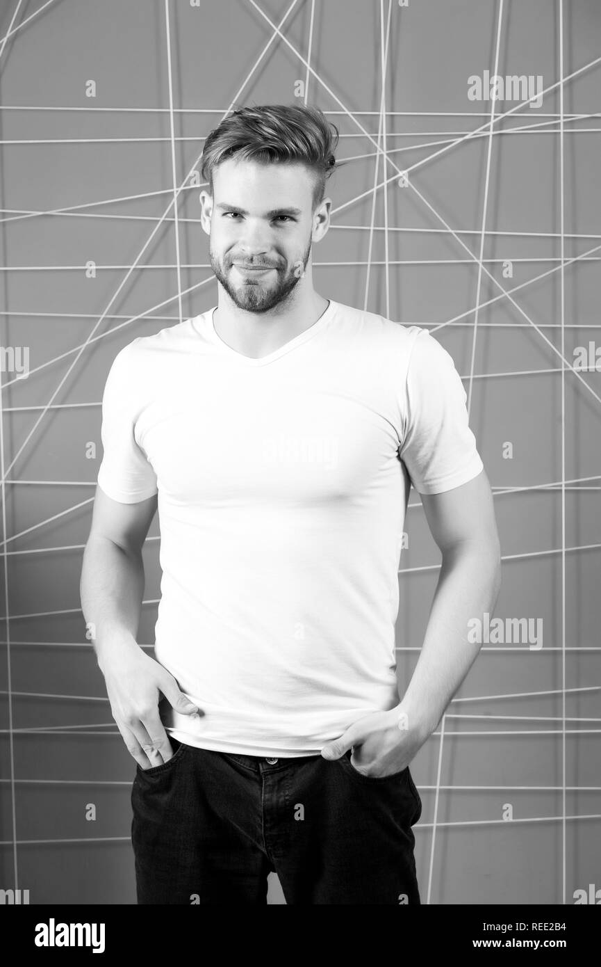 Happy Macho With Beard On Unshaven Face Bearded Man Smile In