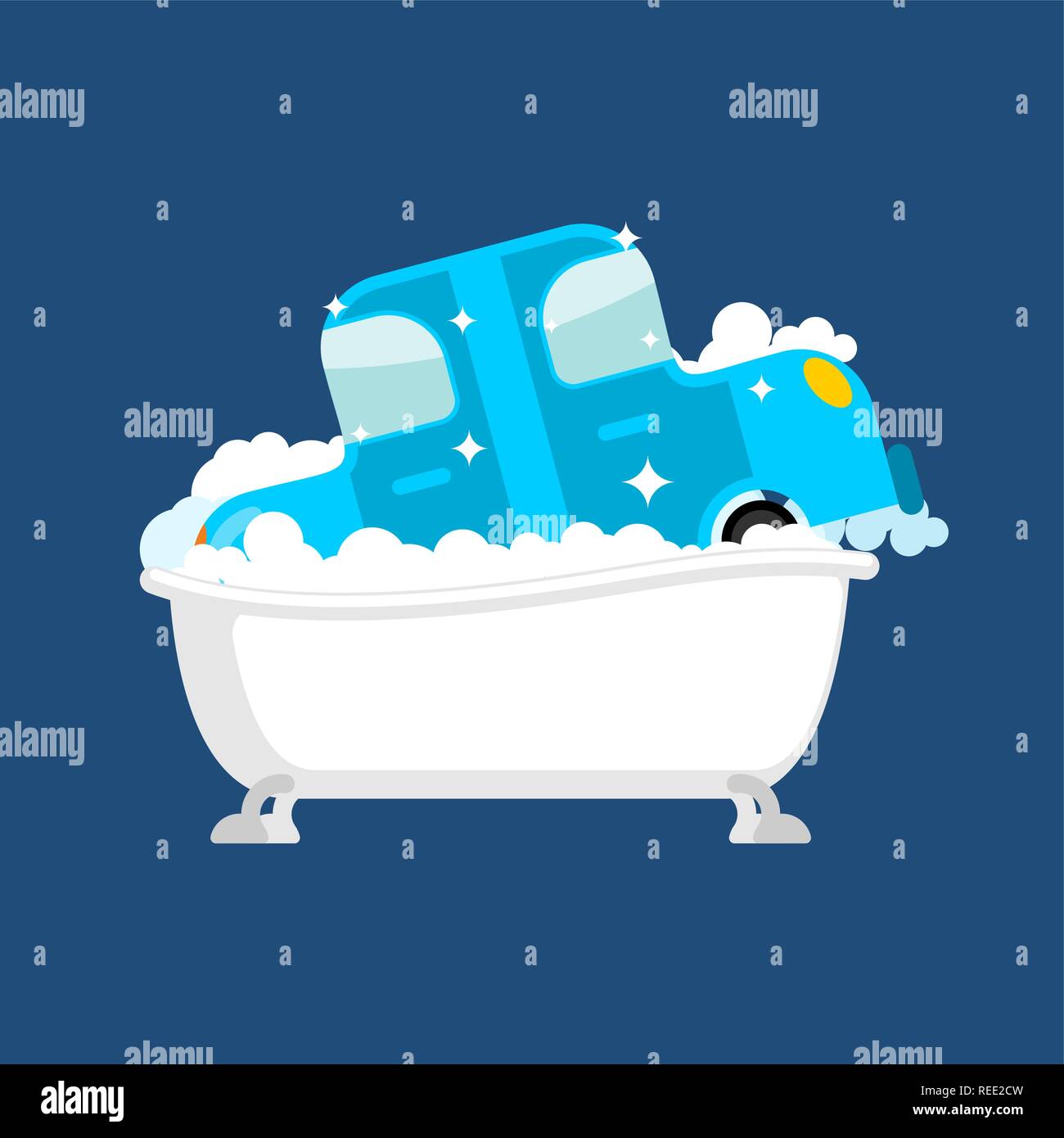 Carwash car in bath. Auto wash in bathtub Stock Vector