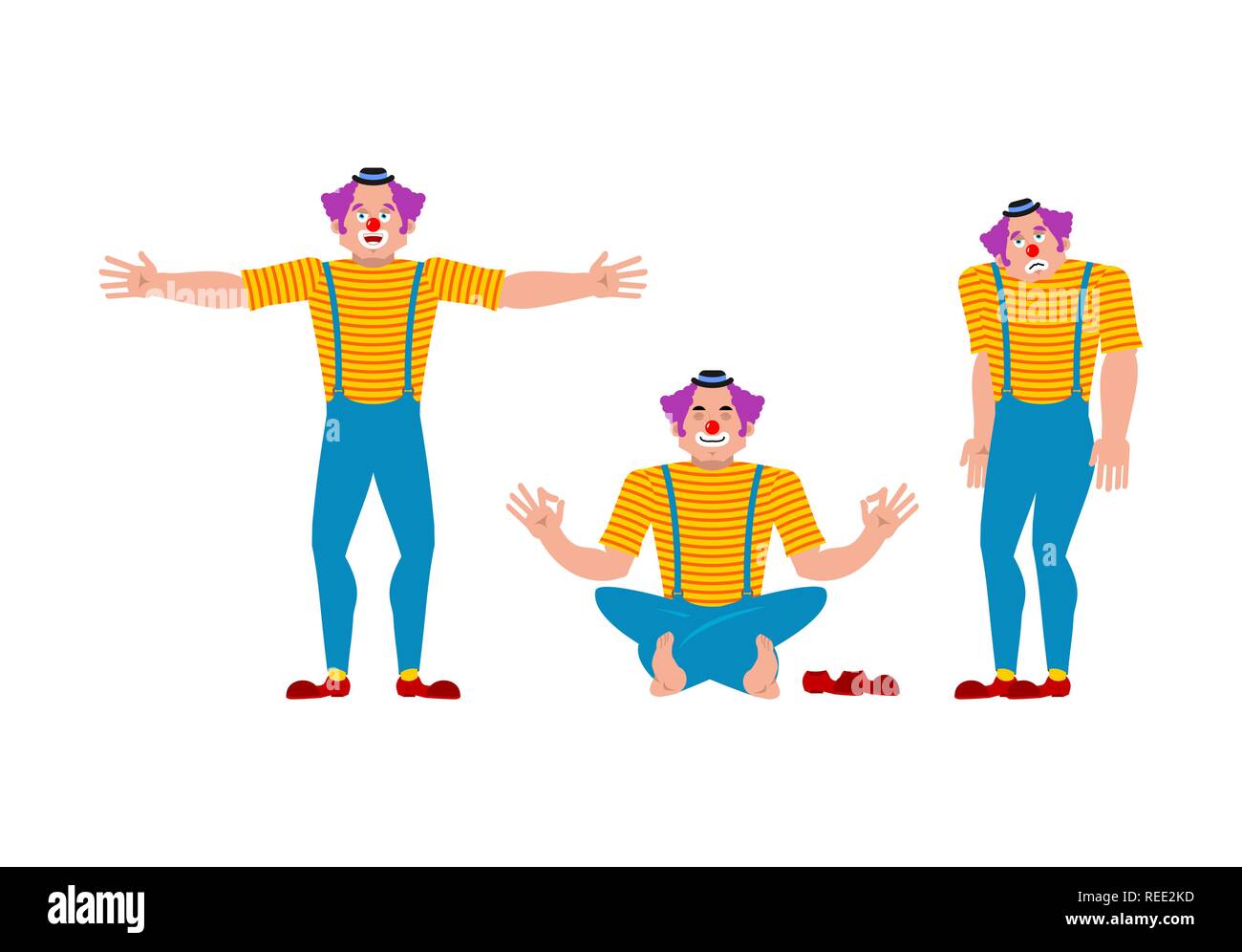 Clown set. Funnyman sad and yoga. harlequin happy. Vector illustration Stock Vector