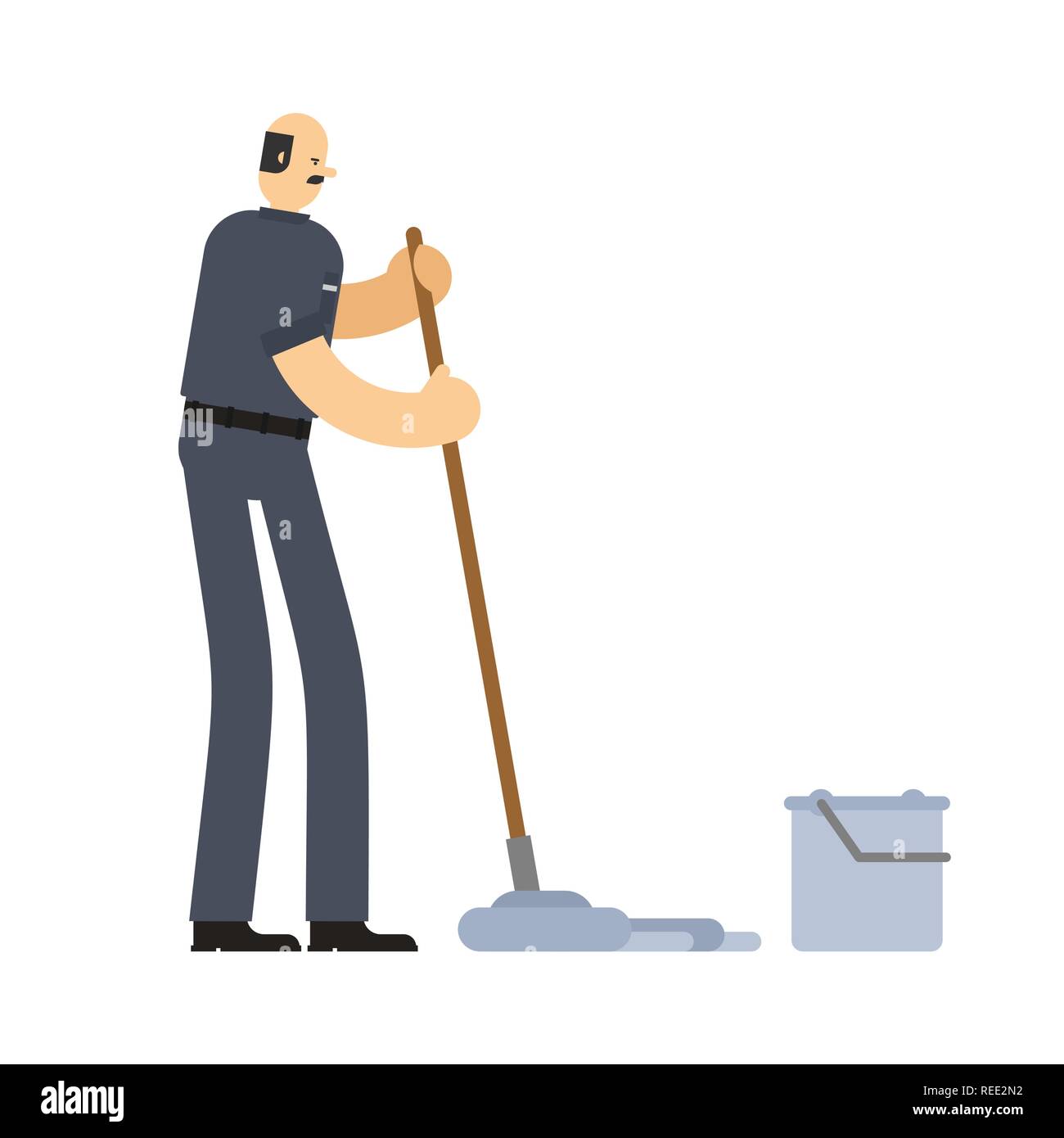 Janitor with mop and bucket. service worker man. Cleaner man. swabber Stock Vector