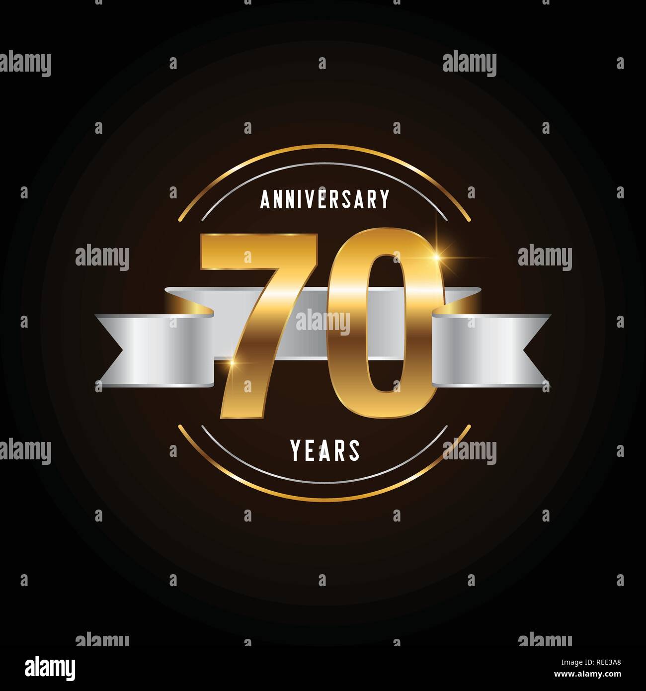 70 years anniversary celebration logotype. Golden anniversary emblem with ribbon. Design for booklet, leaflet, magazine, brochure, poster, web, invita Stock Vector