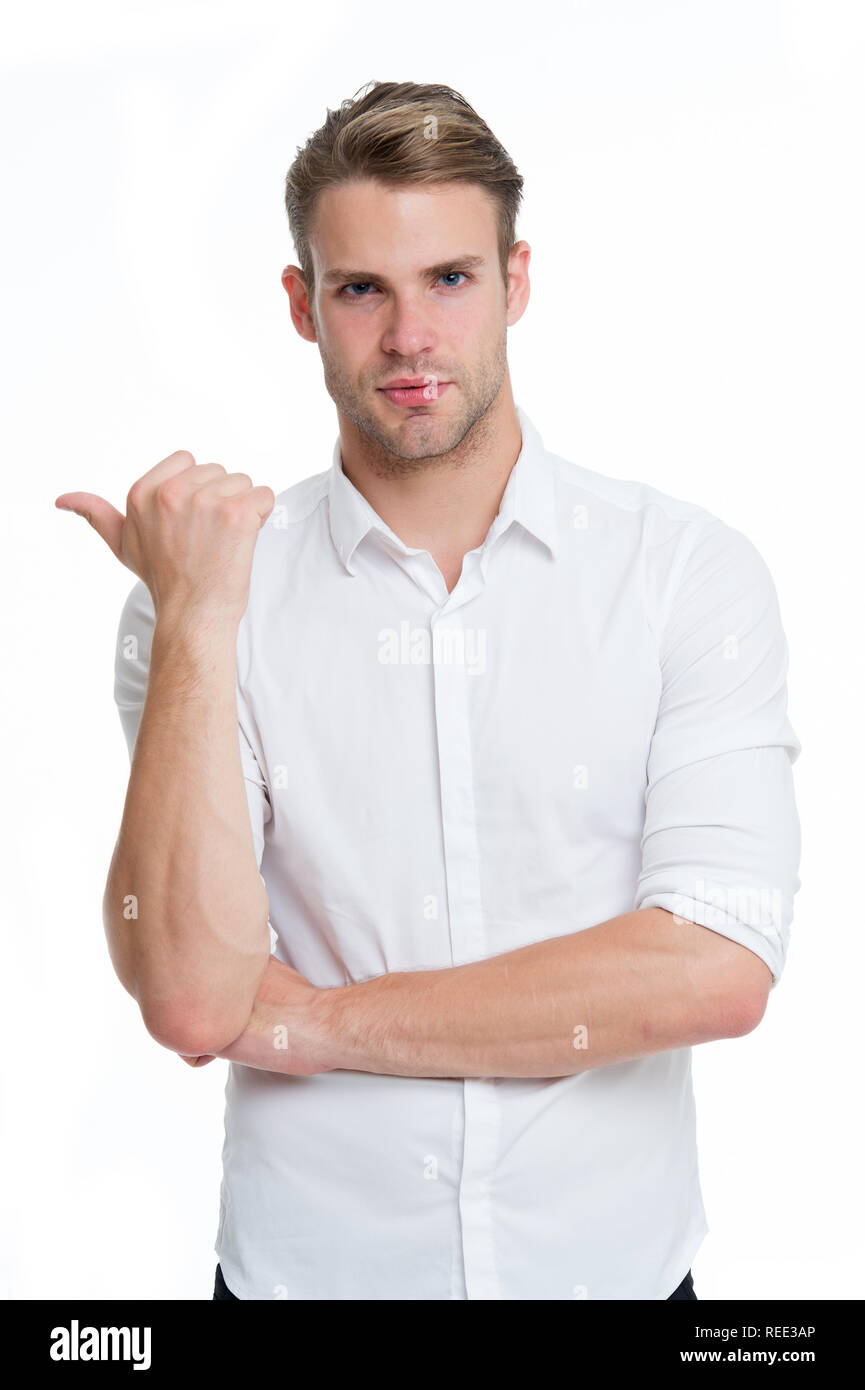 Try this model. Man confident face ready to help white background. Guy