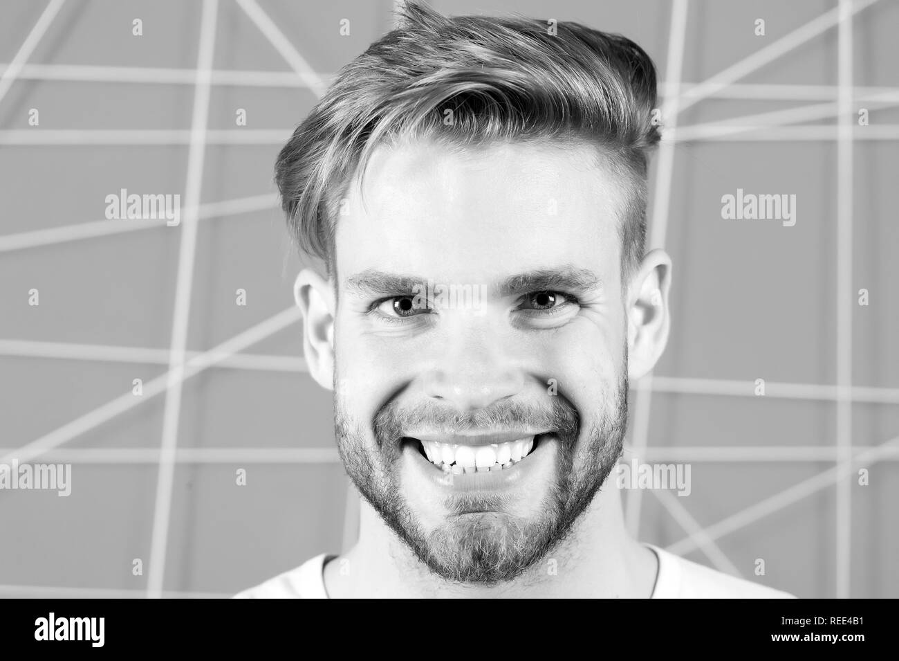 Happy Macho With Beard On Unshaven Face Bearded Man Smile With