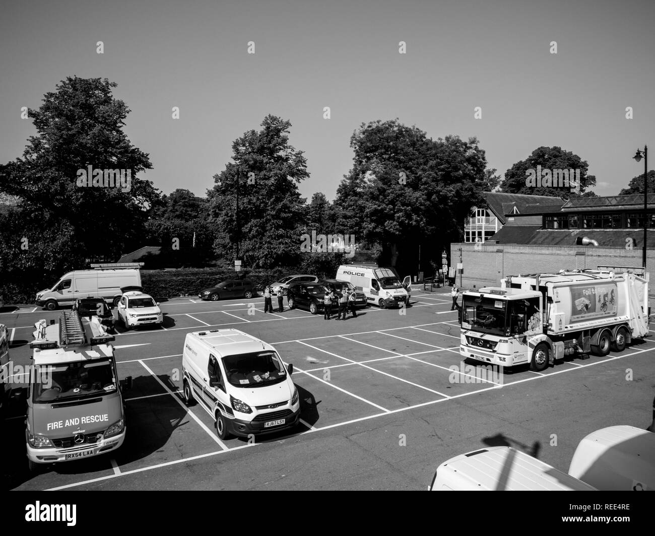 WINDSOR, UNITED KINGDOM - MAY 19, 2018: Security measures - ambulance, firefighter, ememergency trucks ready for  royal wedding marriage celebration of Prince Harry with Meghan Markle - aerial view Stock Photo