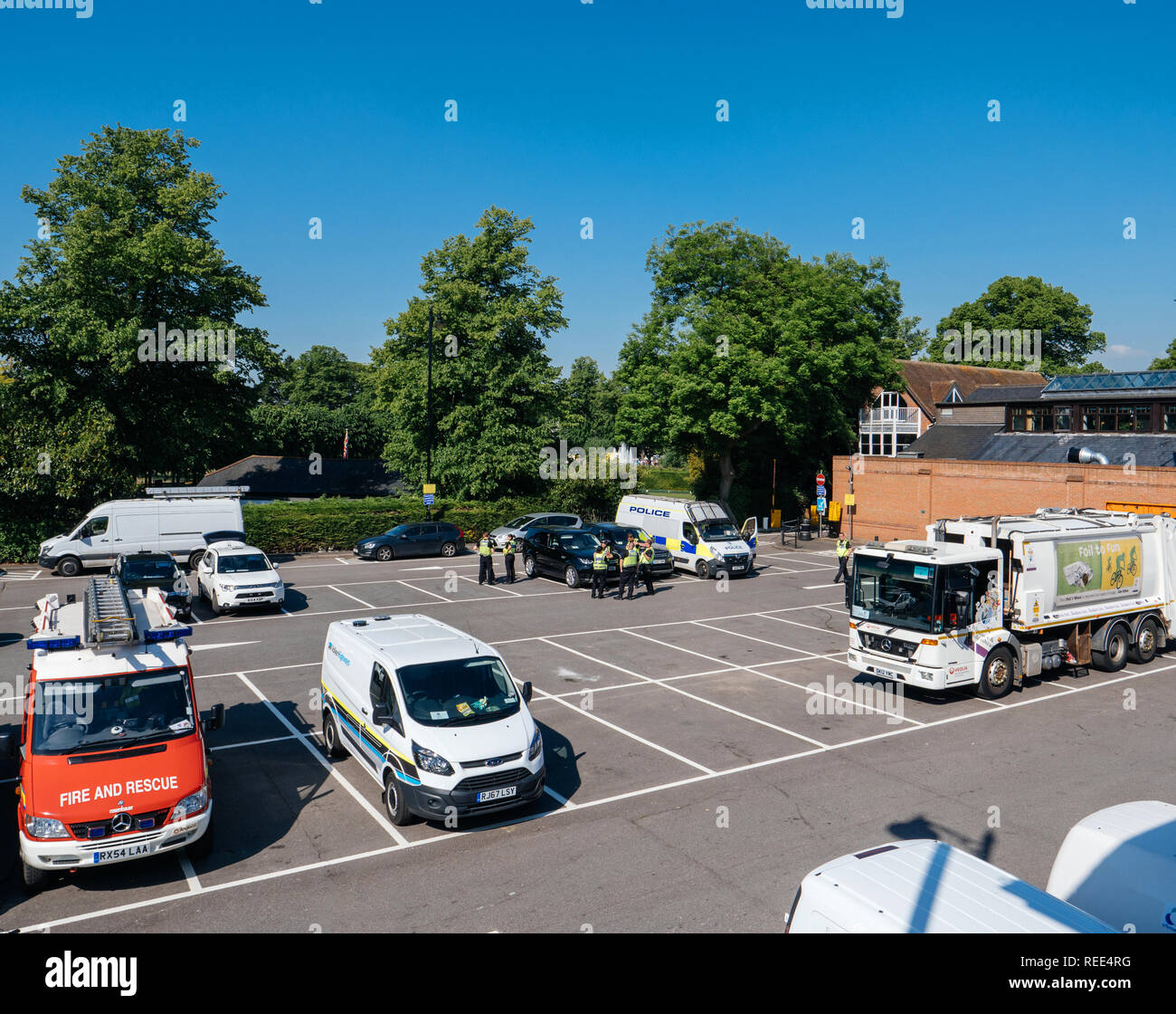WINDSOR, UNITED KINGDOM - MAY 19, 2018: Security measures - ambulance, police, fire and resque, trucks ready for royal wedding marriage celebration of Prince Harry with Meghan Markle - aerial view Stock Photo