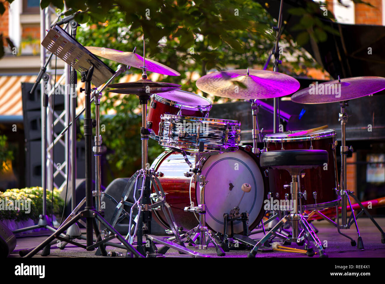 Modern Drum Set On Stage Prepared For Playing Setting Up The