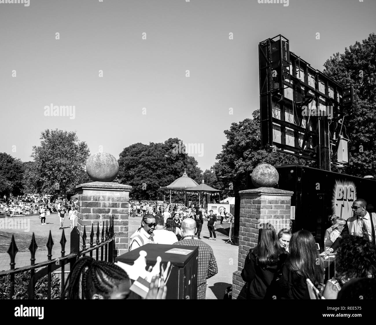 WINDSOR, BERKSHIRE, UNITED KINGDOM - MAY 19, 2018: Security cheks at the entrance to live streaming of royal wedding marriage celebration of Prince Harry and Meghan Markle - black and white  Stock Photo