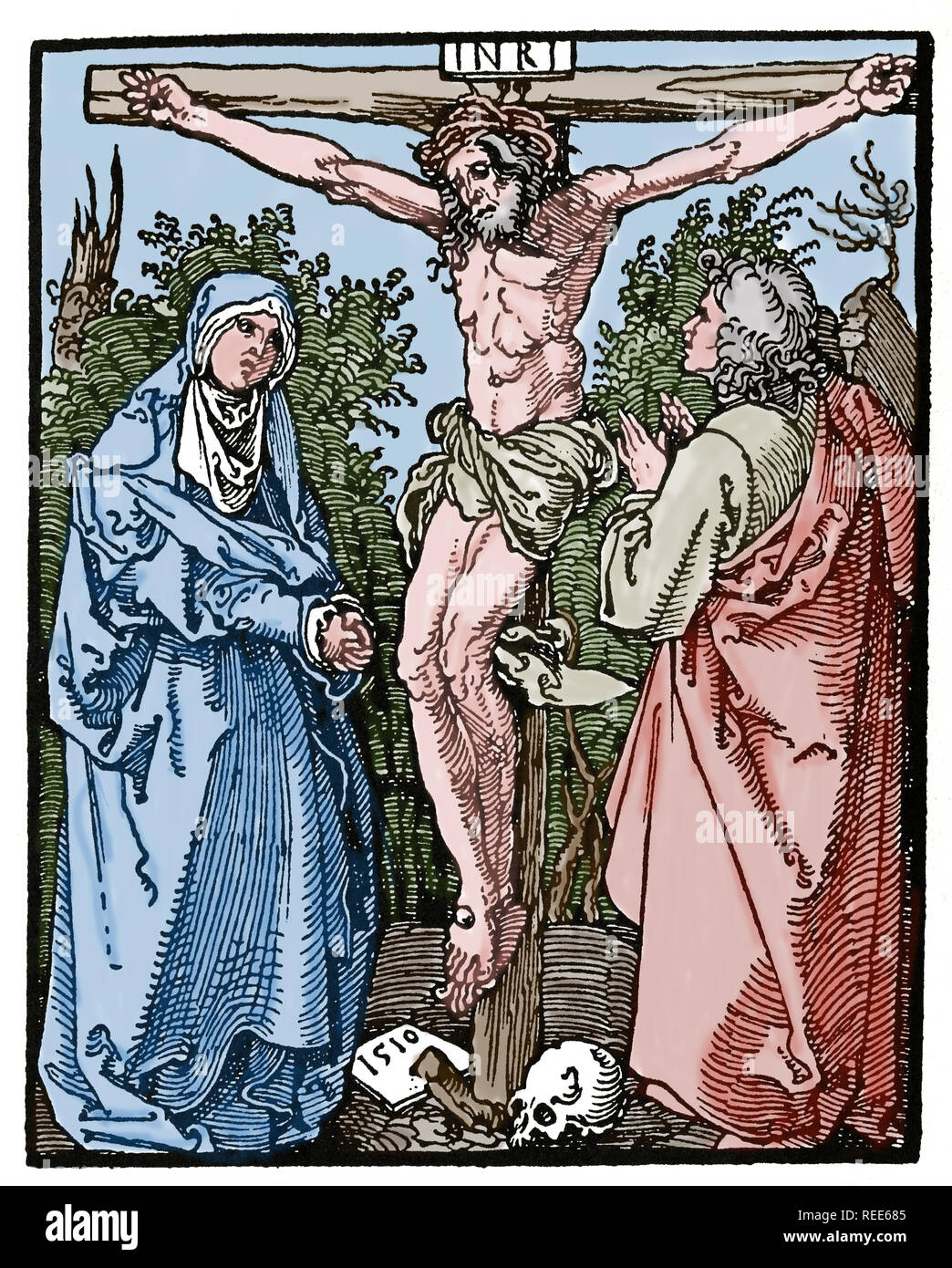 Christ on the Cross with Mary and st. John. Woodcut Albrecht Durer, 1526. Stock Photo