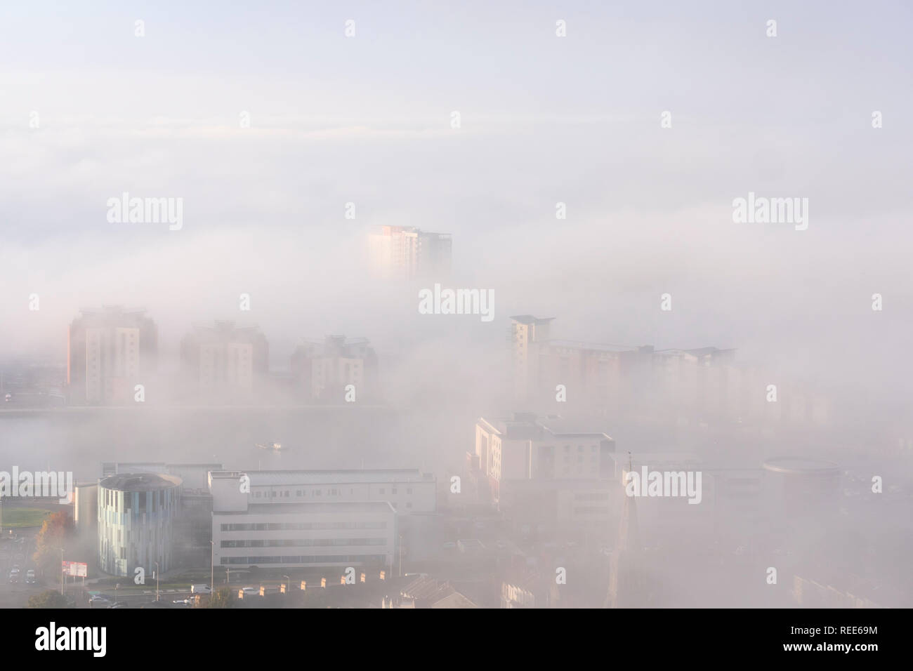 Overview of Swansea City including Marina Meridian Quay Swansea Wales in the mist Stock Photo