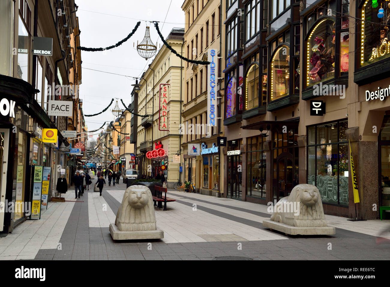 Stockholm, Sweden - November 20, 2018.  Drottninggatan street view in Stockholm, with residential and commercial properties and people. Stock Photo