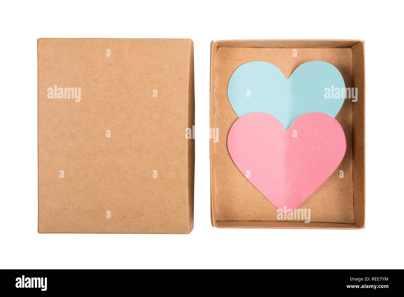 Above view on two paper hearts in cardboard box isolated on white background Stock Photo
