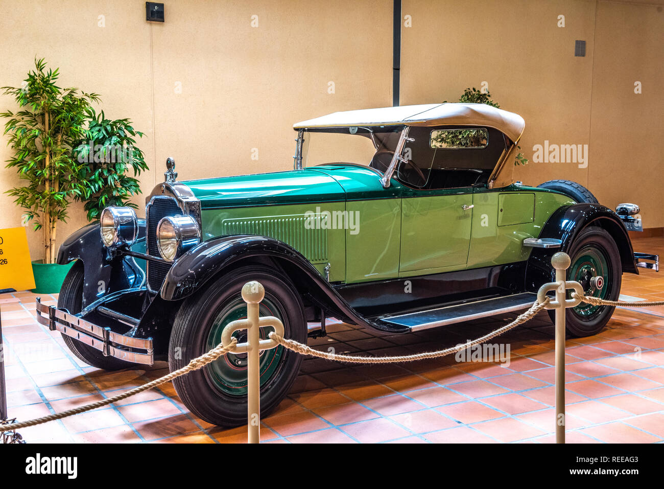 FONTVIEILLE, MONACO - JUN 2017: green PACKARD SIX 326 1926 in Monaco Top Cars Collection Museum. Stock Photo