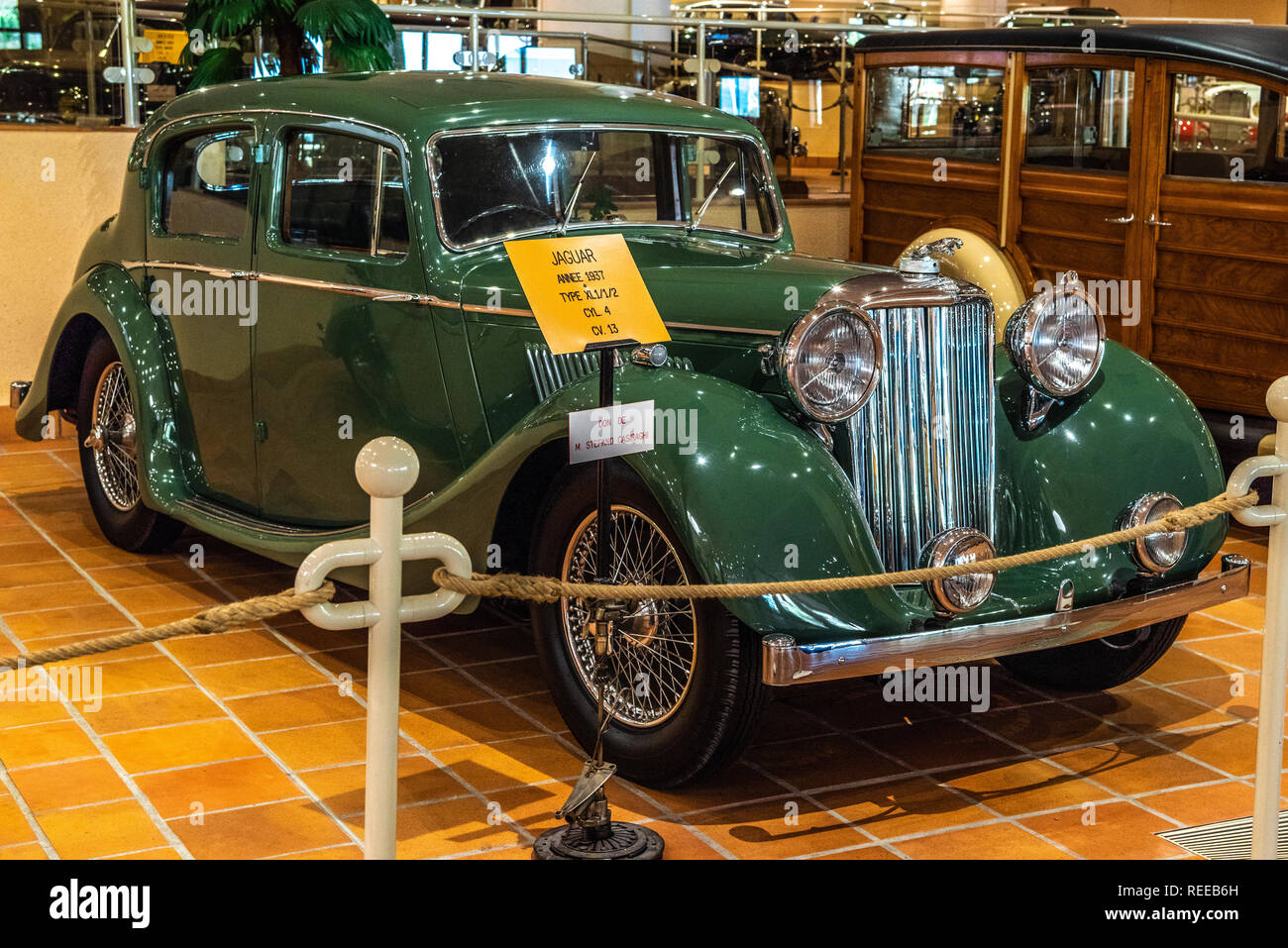 FONTVIEILLE, MONACO - JUN 2017: green JAGUAR XL1 1 2 1937 in Monaco Top Cars Collection Museum. Stock Photo