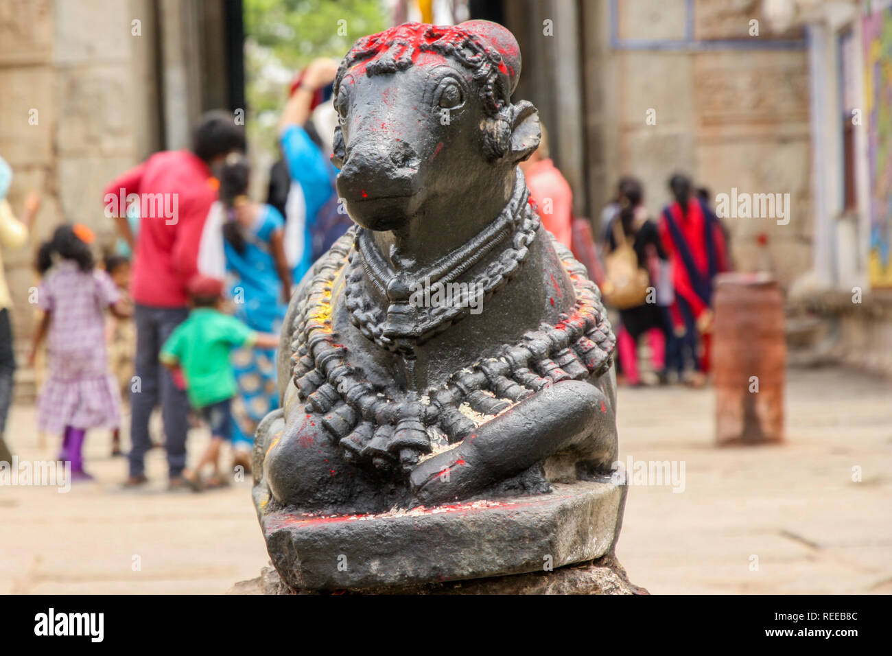 Close up of Nandi bull in a temple in Hampi, Karnataka, India. Nandi is