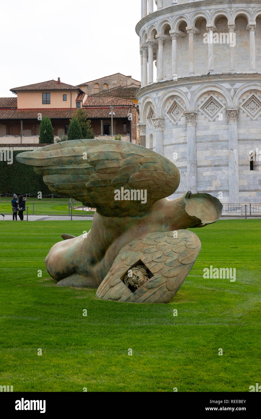 Italy Tuscany Pisa sculpture Fallen Angel by Angelo Caduto near the Leaning Tower Stock Photo
