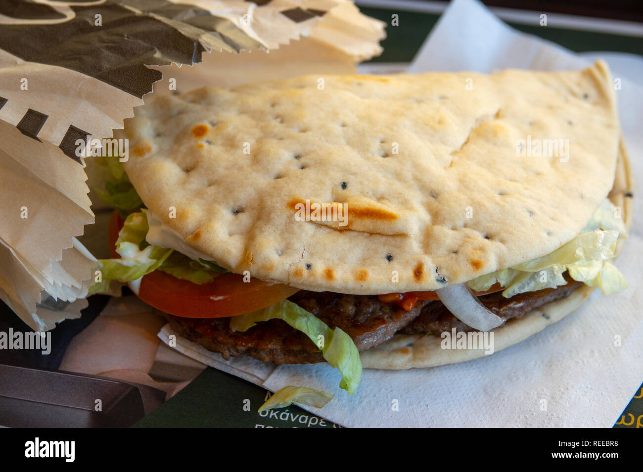 Europe Greece McDonalds restaurant Greek Mac sandwich burgers in a pita Stock Photo