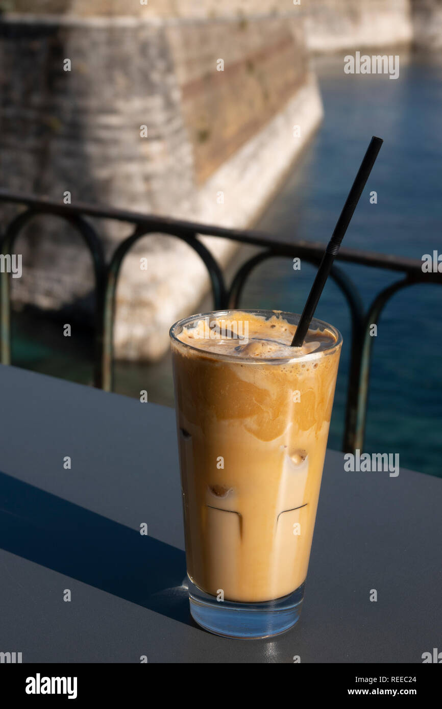 Greece Corfu Iced coffee at the Aktaion bar and cafe by the Old Fortress in Corfu Town Stock Photo