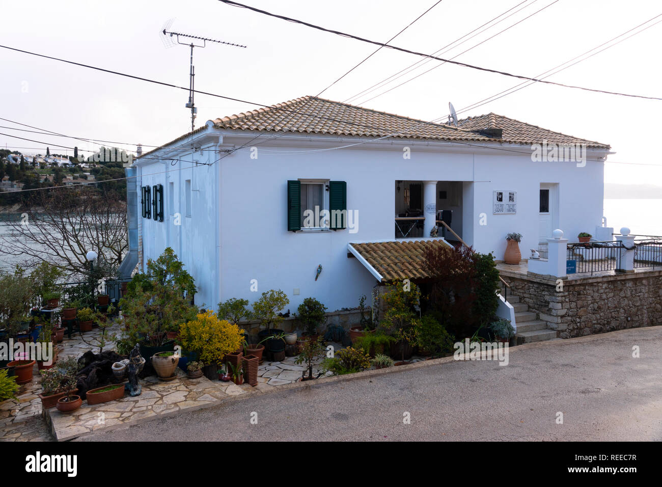 Europe Greece Corfu The Durrell Family White House in Kalami Bay The original home of the Durrells now a restaurant and inn Stock Photo
