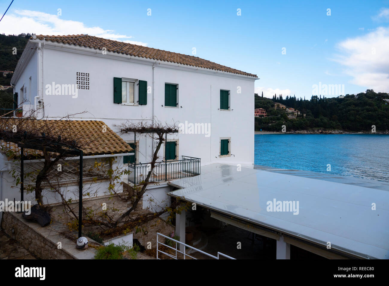Europe Greece Corfu The Durrell Family White House in Kalami Bay The original home of the Durrells now a restaurant and inn Stock Photo