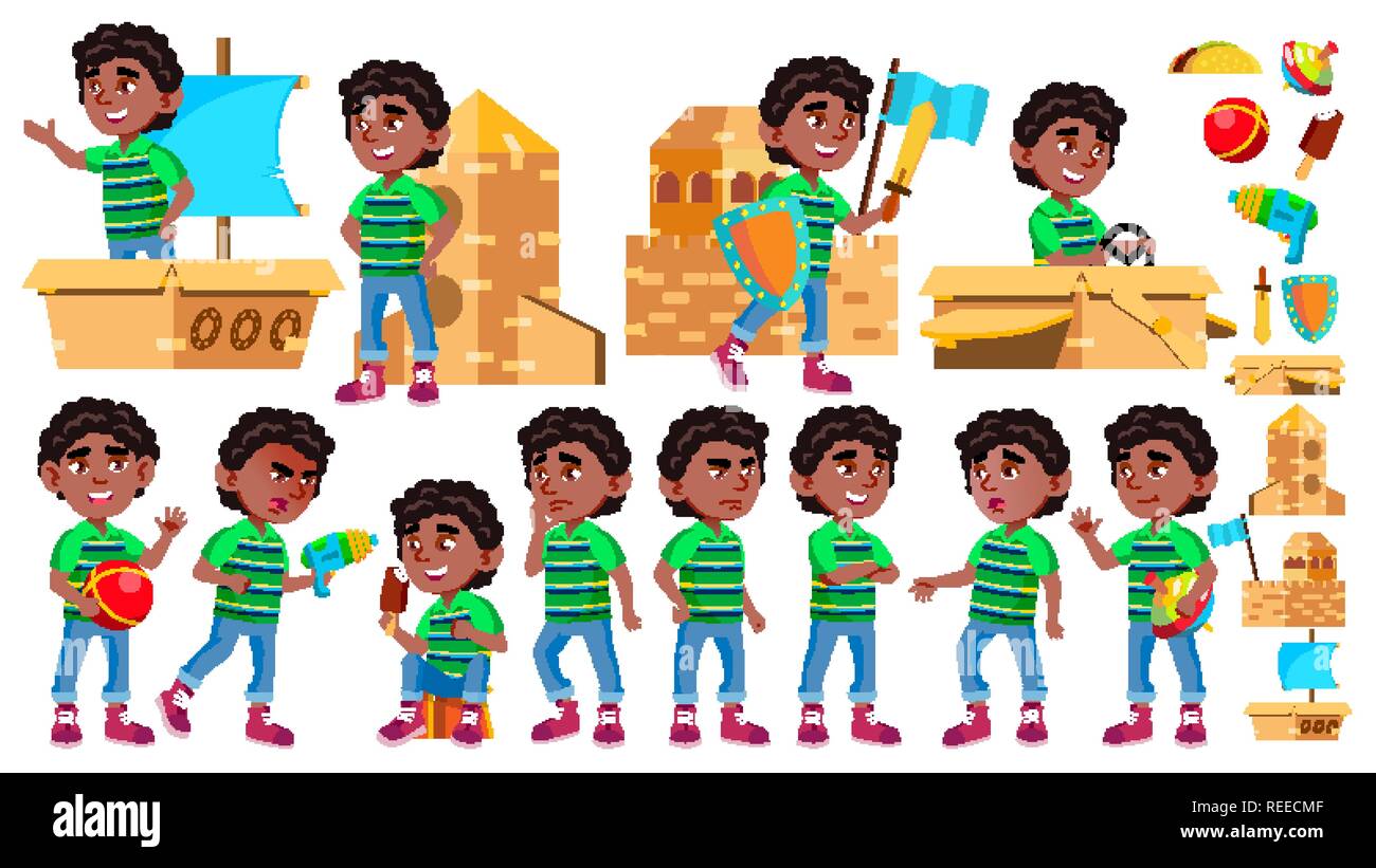 Black, Afro American Boy Kindergarten Kid Poses Set Vector. Little ...