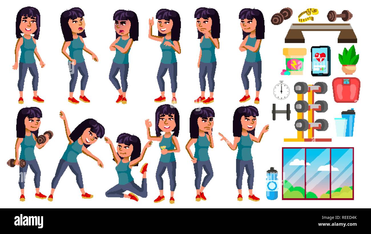 Asian Girl Poses Set Vector. High School Child. Fitness, Sport, Figure, Health. Active, Joy, Leisure. For Banner, Flyer, Brochure Design. Isolated Cartoon Illustration Stock Vector