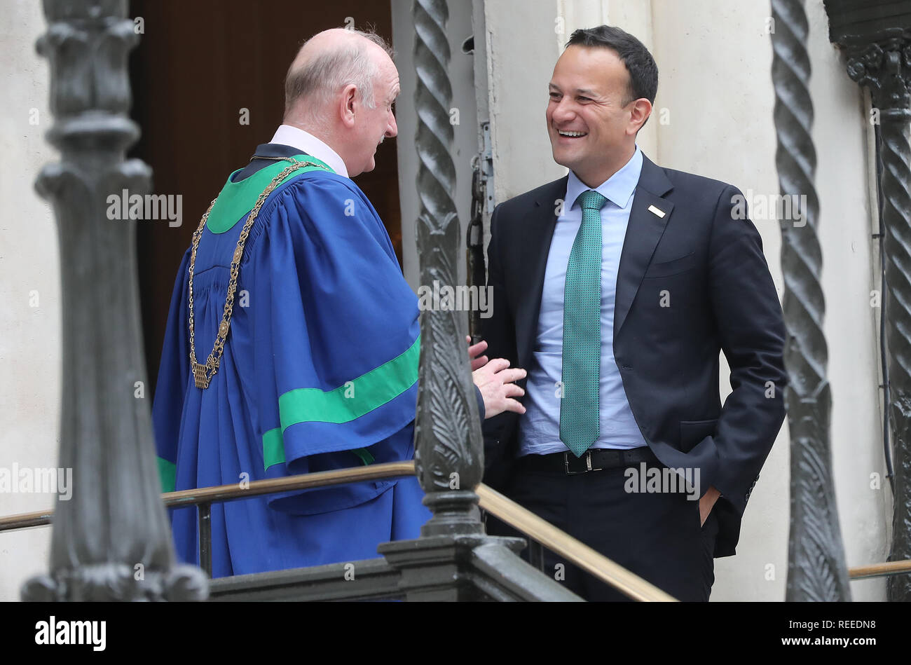 Dublin Lord Mayor Nial Ring (left) welcomes Taoiseach Leo Varadkar to the Mansion House in Dublin, for the centenary commemoration taking place to mark the inaugural public meeting of Dail Eireann in 1919. Stock Photo