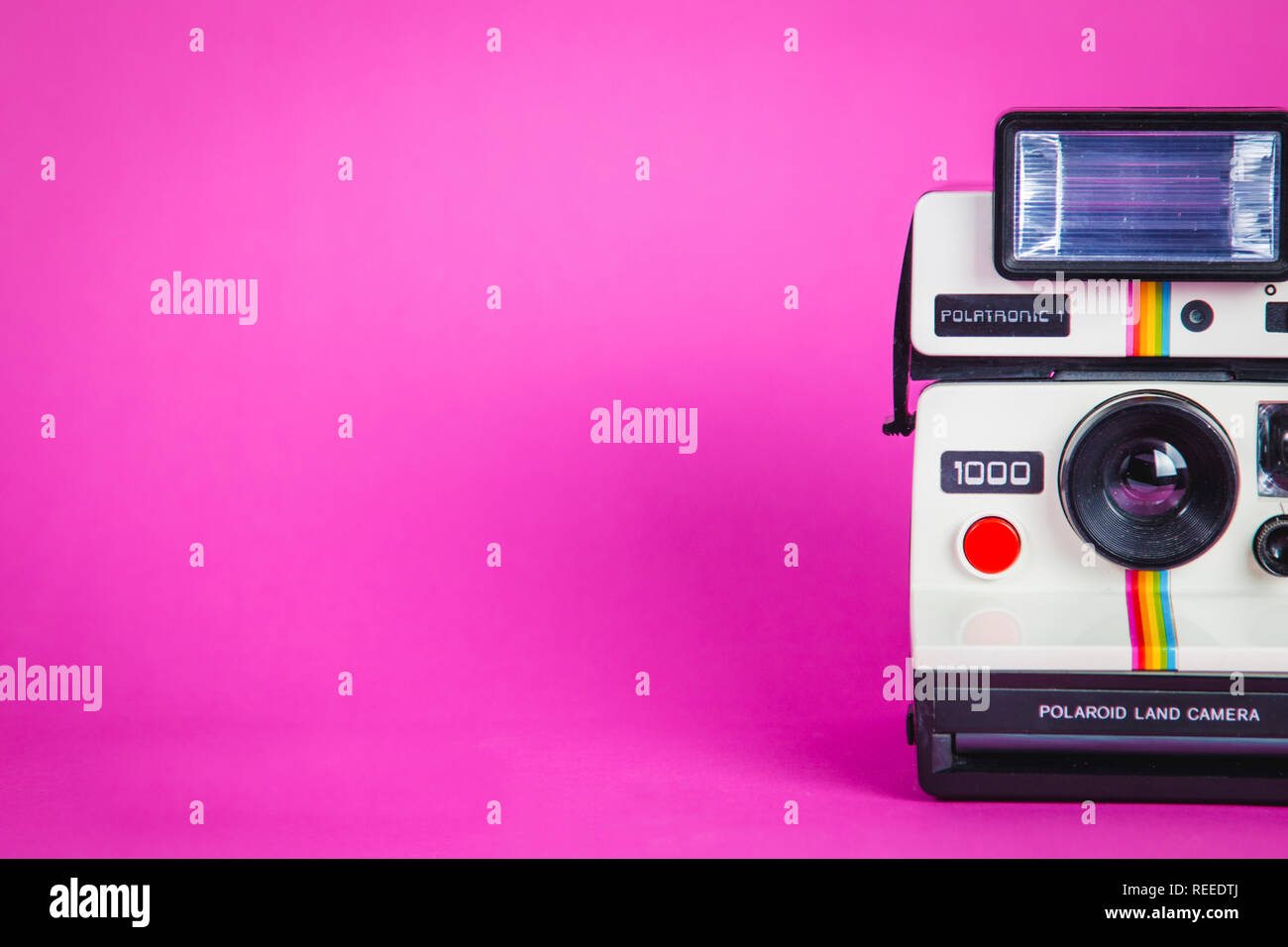 Polaroid photo camera on vibrant pink background with text Say Cheese Stock  Photo - Alamy