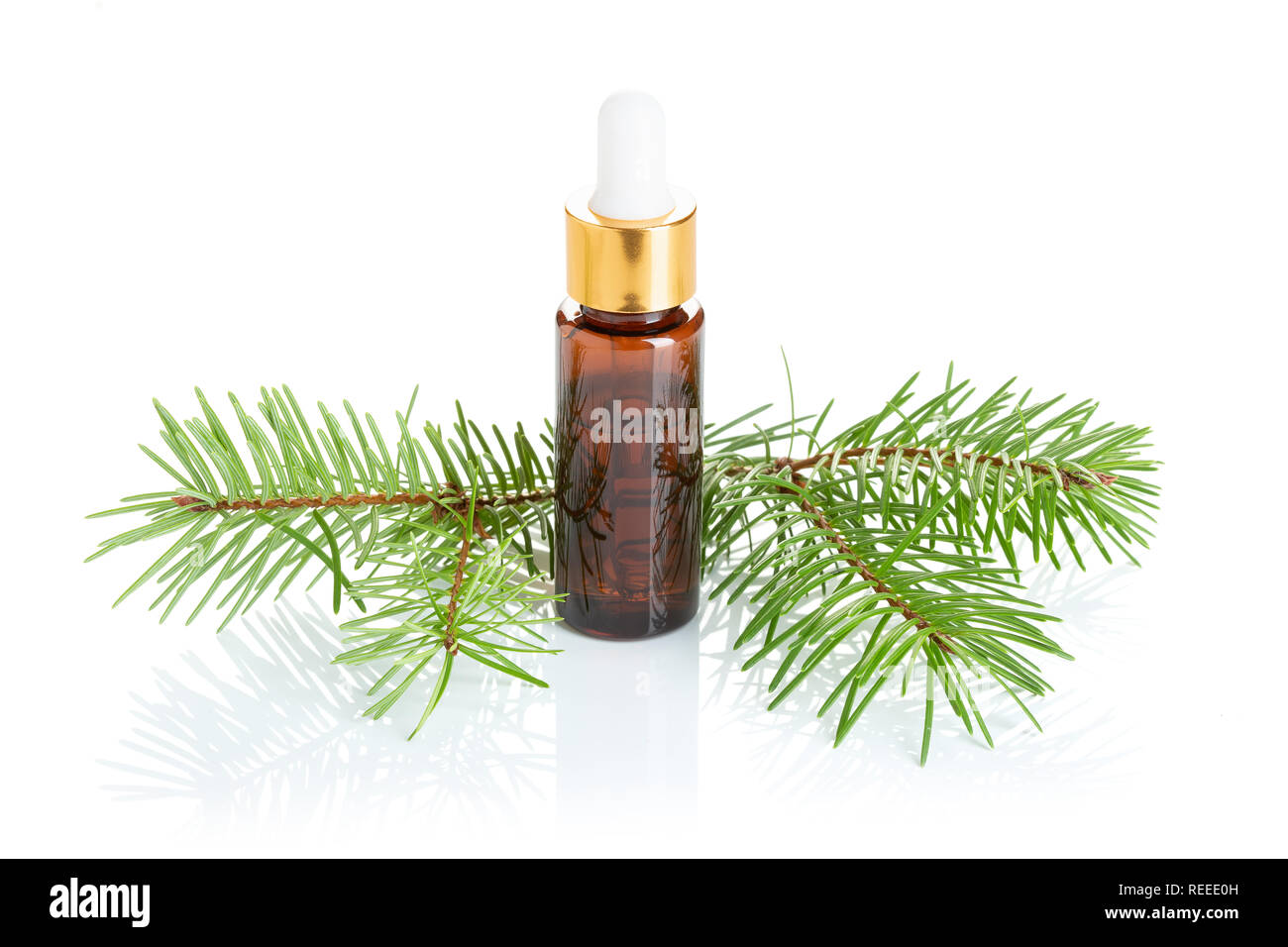 Pine essential oil isolated on white background. Pine oil bottle with dropper for beauty, skin care, wellness. Natural remedies Stock Photo