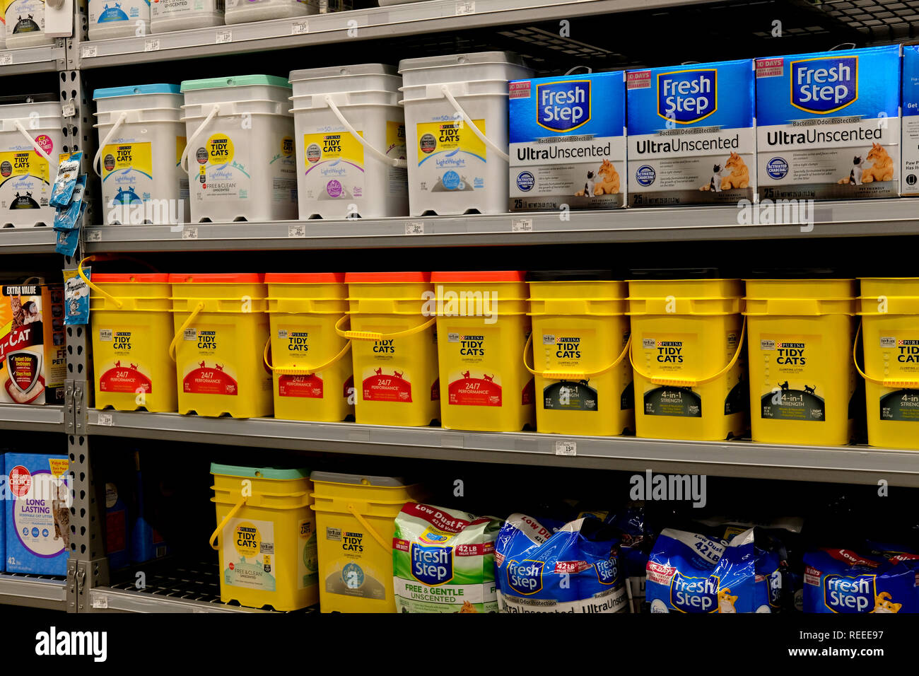 Pet store interior; containers of Fresh Step and Tidy Cats cat litter on shelves at a pet store; College Station, Texas, USA. Stock Photo