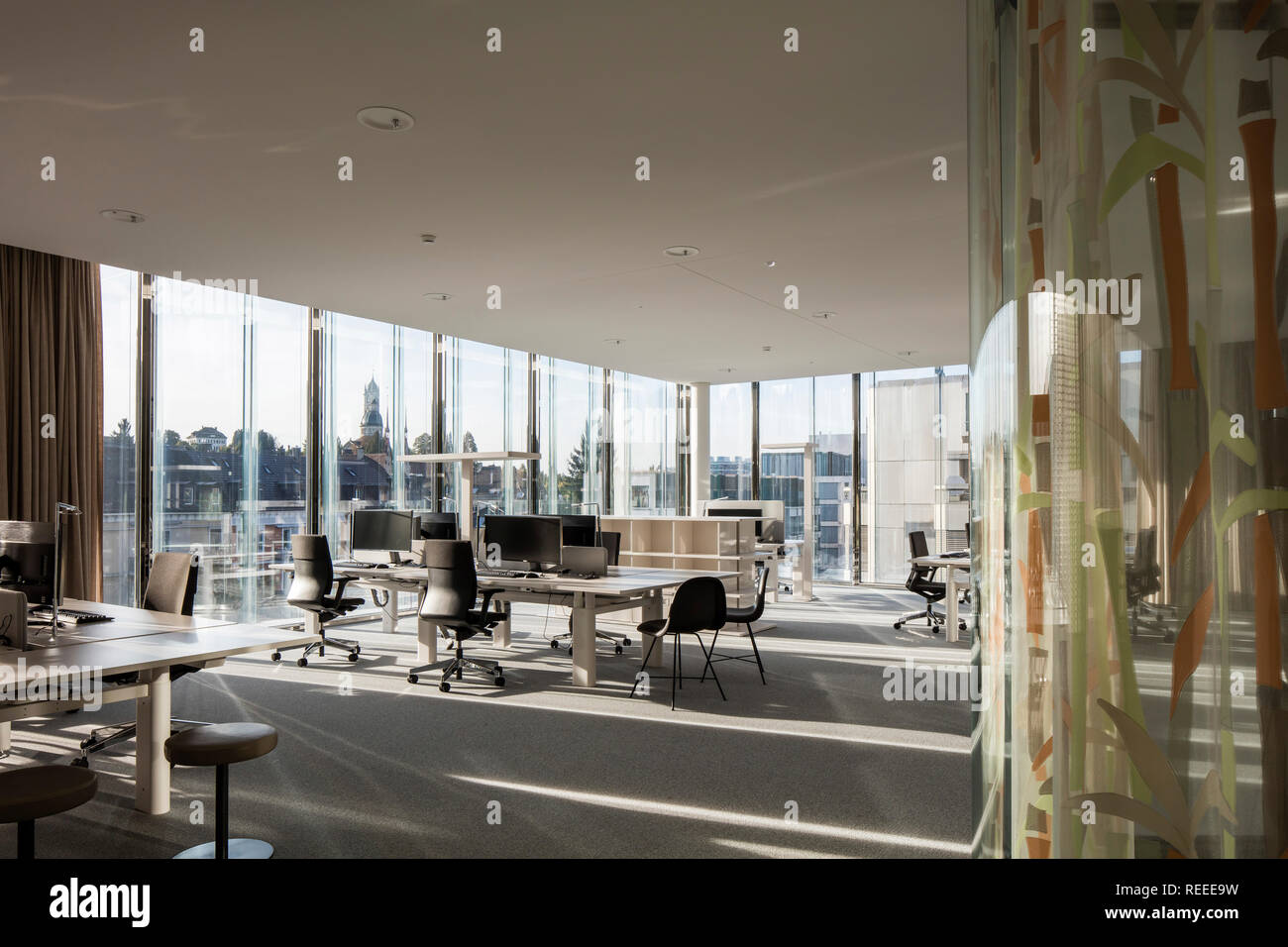 Office interior with window walls. Swiss Re Office headquarters, Zurich