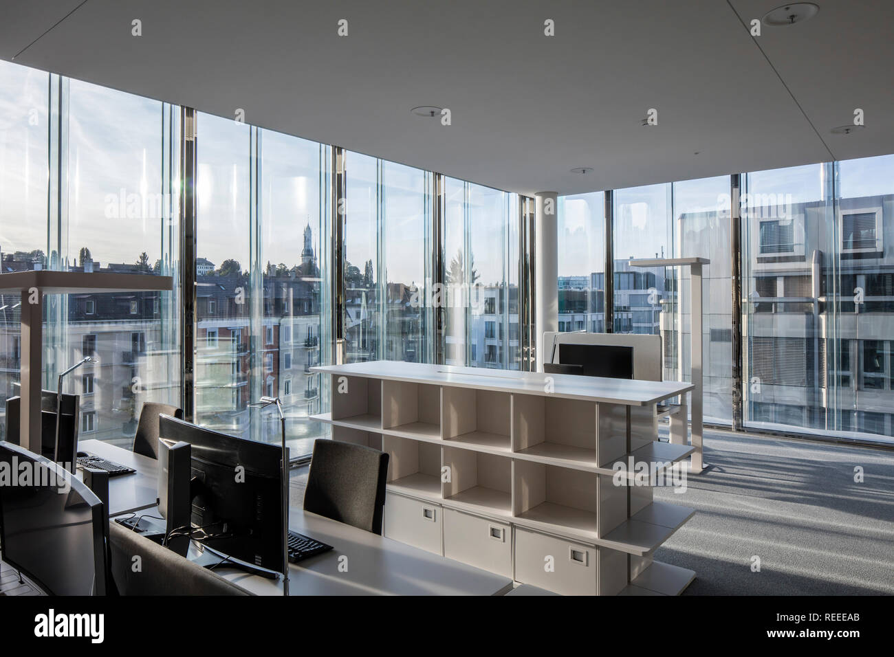 Office interior with window walls. Swiss Re Office headquarters, Zurich