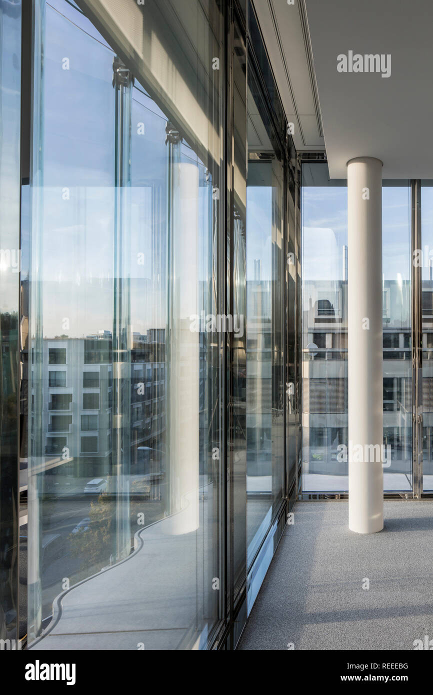 Window wall with view to city. Swiss Re Office headquarters, Zurich